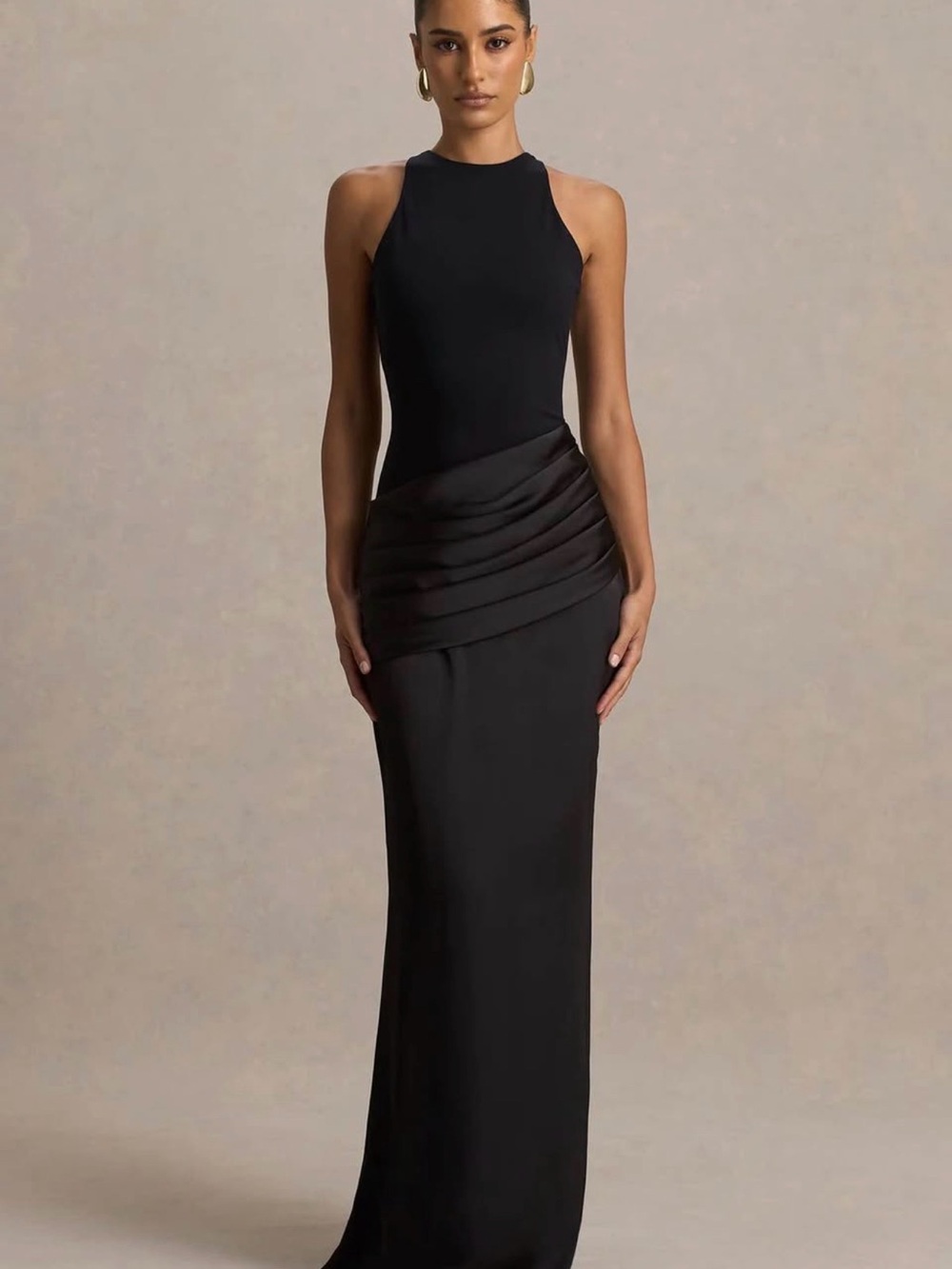 Club L London Black Sleeveless Draped Waist Maxi Dress